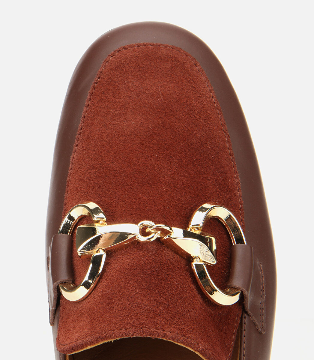 Kadın Süet Deri Acı Kahverengi Tokalı Klasik Loafer
