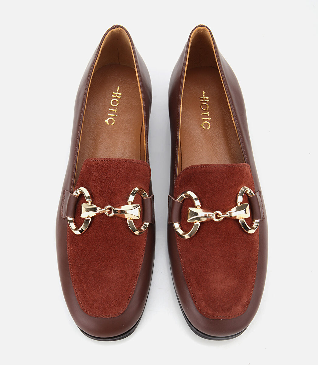 Kadın Süet Deri Acı Kahverengi Tokalı Klasik Loafer
