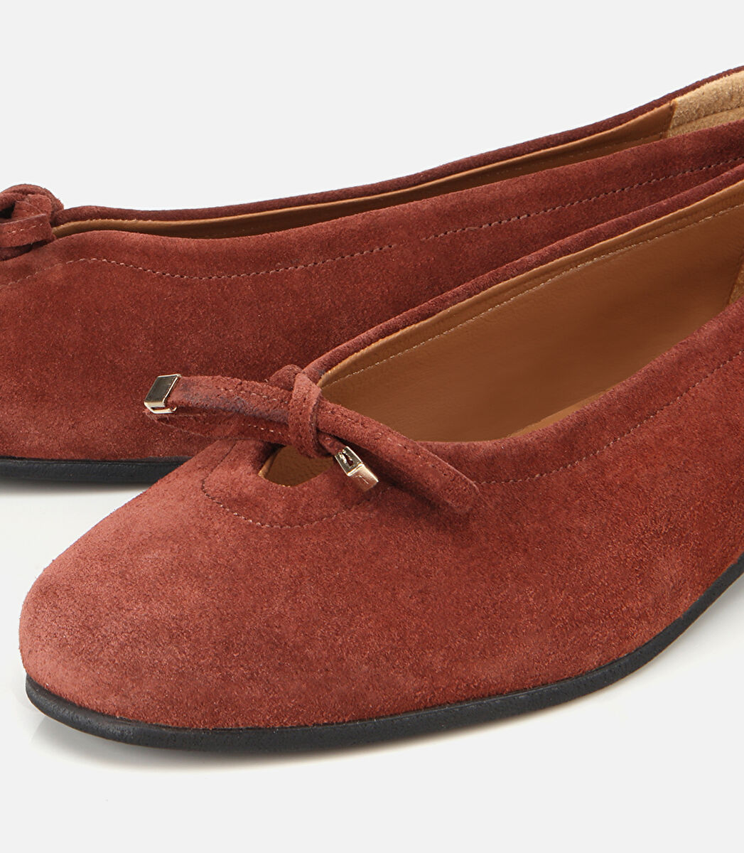 Kadın Süet Deri Kahverengi/Kiremit  Fiyonk Detaylı Babet