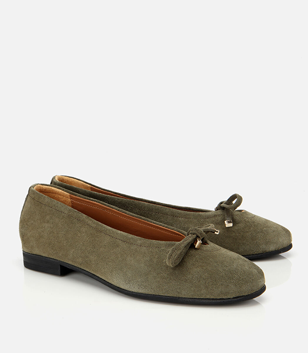 Kadın Süet Deri Haki Fiyonk Detaylı Babet