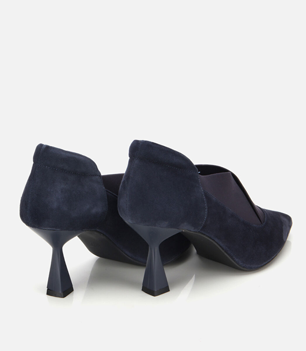 Kadın Süet Deri Lacivert Streç Detaylı İnce Topuklu Stiletto