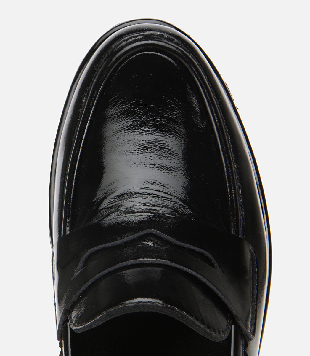 Kadın Rugan Deri Siyah Dolgu topuklu Günlük Loafer