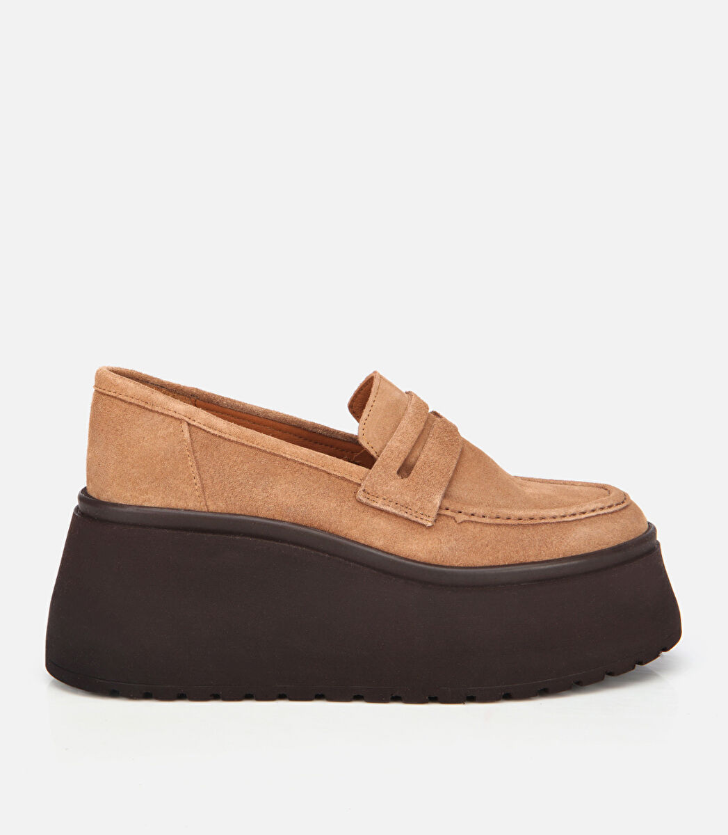 Kadın Süet Deri Taba Dolgu Topuklu Günlük Loafer