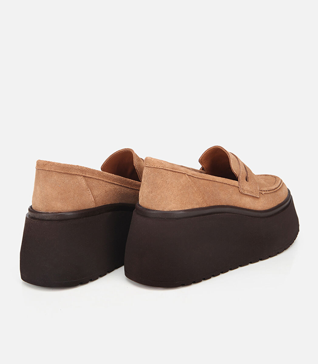 Kadın Süet Deri Taba Dolgu Topuklu Günlük Loafer