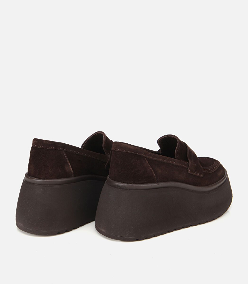 Kadın Süet Deri Kahverengi Dolgu Topuklu Günlük Loafer