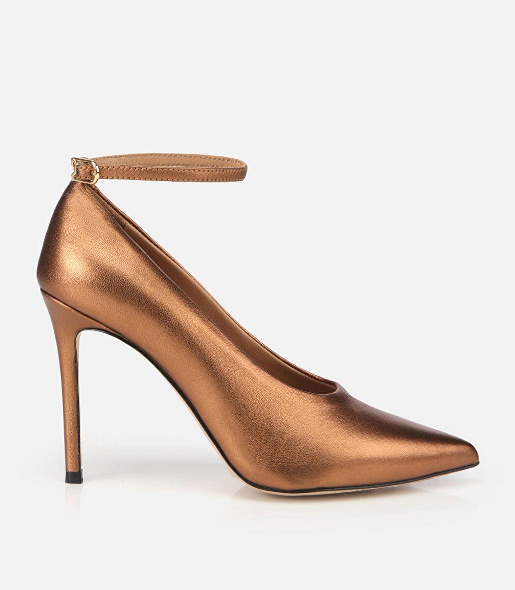 Kadın Deri Bronz/Gold Bilekten Bağlamalı Gold Detaylı Yüksek Topuklu Stiletto