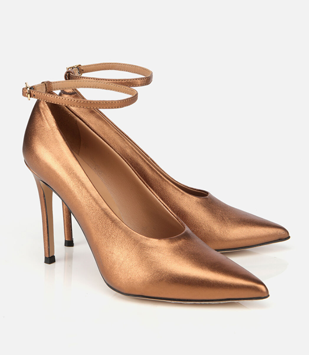 Kadın Deri Bronz/Gold Bilekten Bağlamalı Gold Detaylı Yüksek Topuklu Stiletto