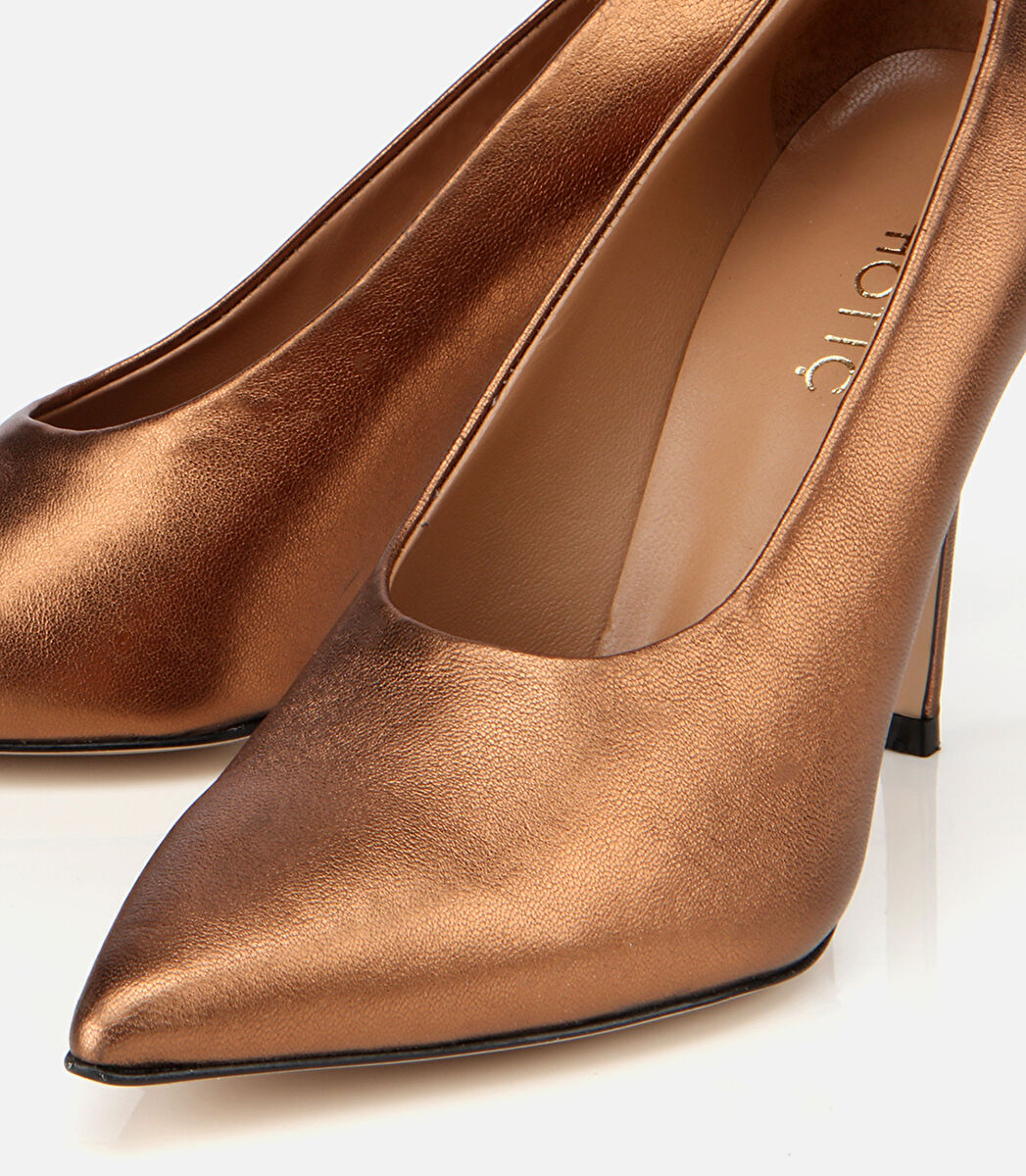 Kadın Deri Bronz/Gold Bilekten Bağlamalı Gold Detaylı Yüksek Topuklu Stiletto