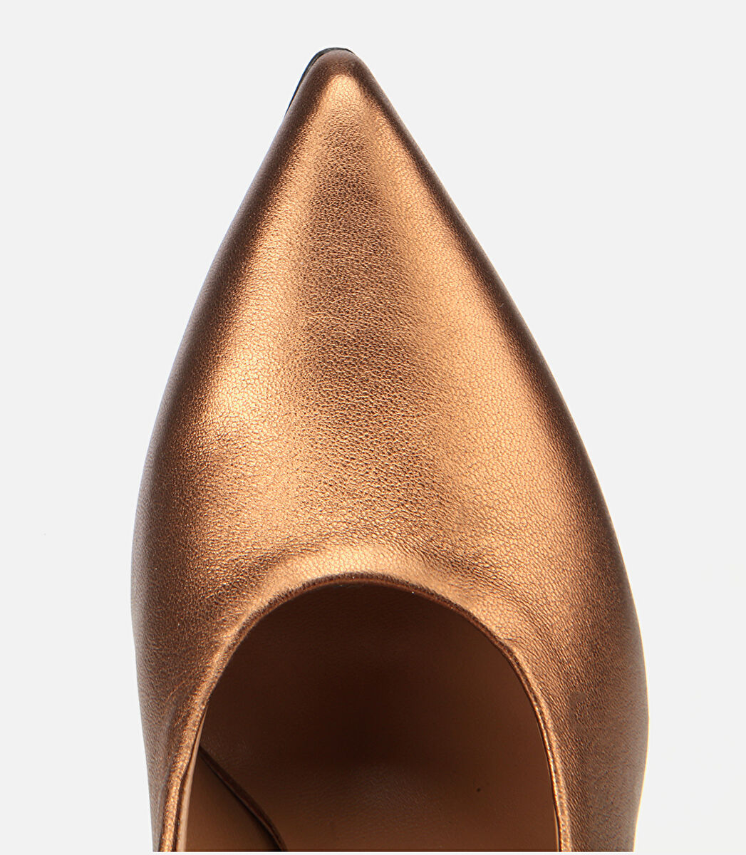 Kadın Deri Bronz/Gold Bilekten Bağlamalı Gold Detaylı Yüksek Topuklu Stiletto