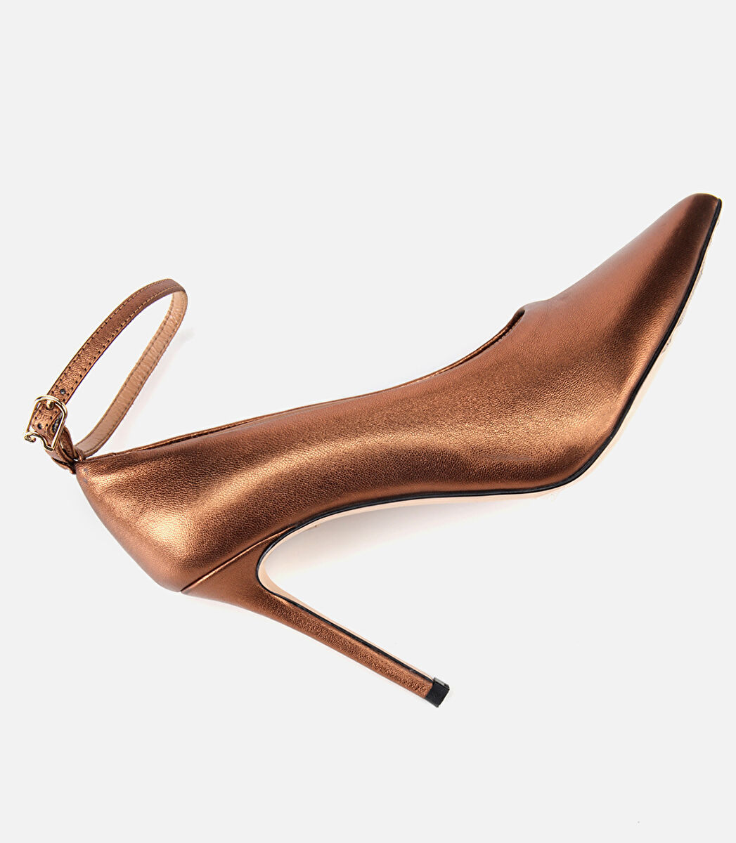 Kadın Deri Bronz/Gold Bilekten Bağlamalı Gold Detaylı Yüksek Topuklu Stiletto