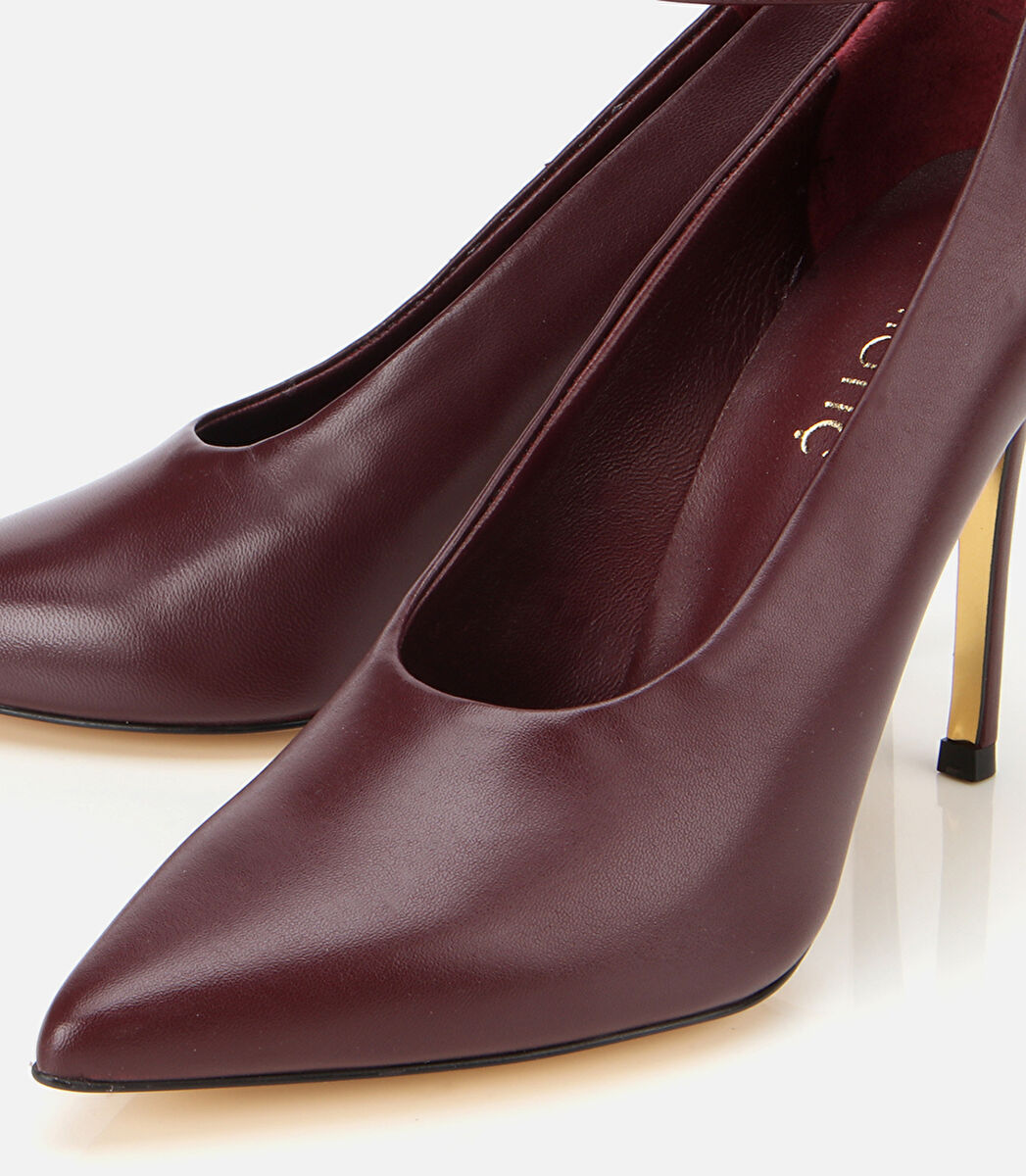 Kadın Deri Bordo Bilekten Bağlamalı Gold Detaylı Yüksek Topuklu Stiletto