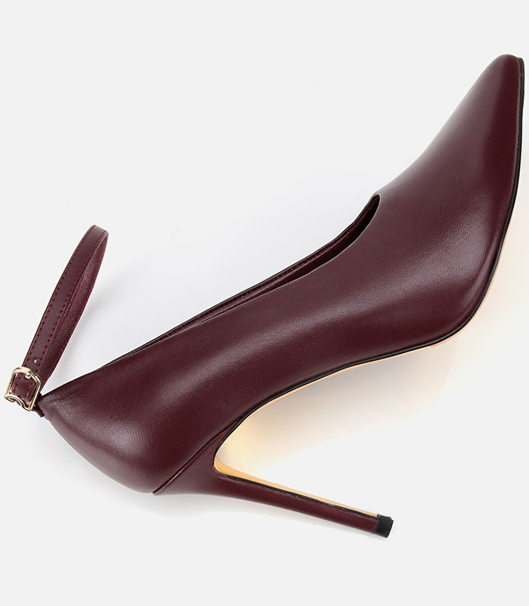 Kadın Deri Bordo Bilekten Bağlamalı Gold Detaylı Yüksek Topuklu Stiletto