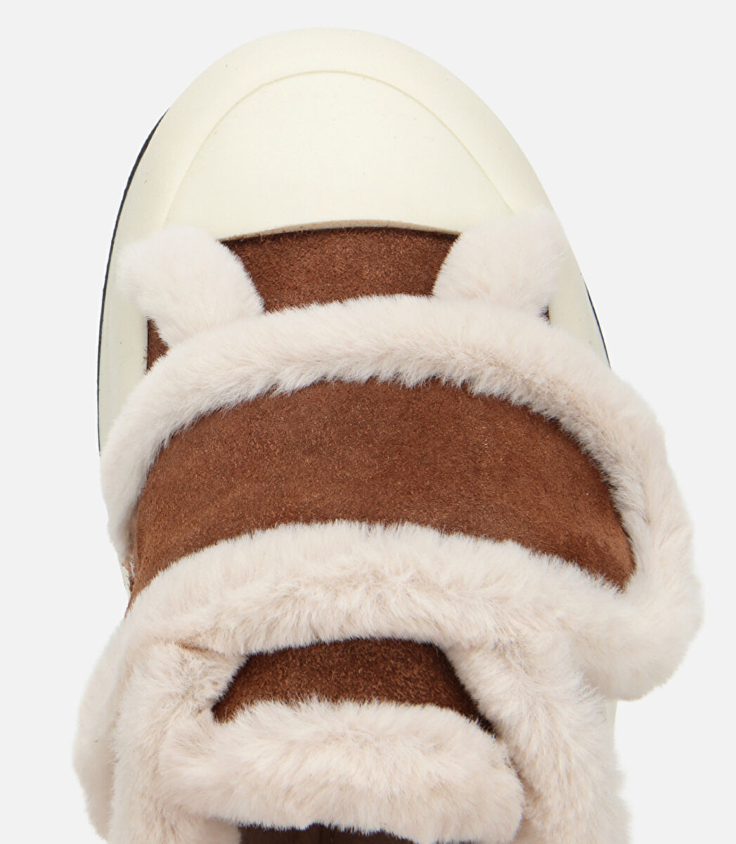 Kadın Süet Deri Taba Kürklü Kalın Bantlı Spor Ayakkabı