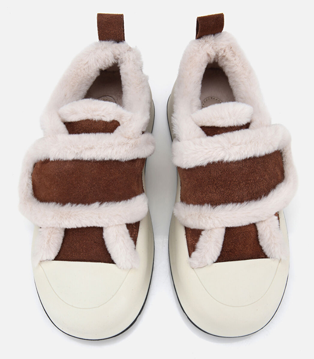 Kadın Süet Deri Taba Kürklü Kalın Bantlı Spor Ayakkabı