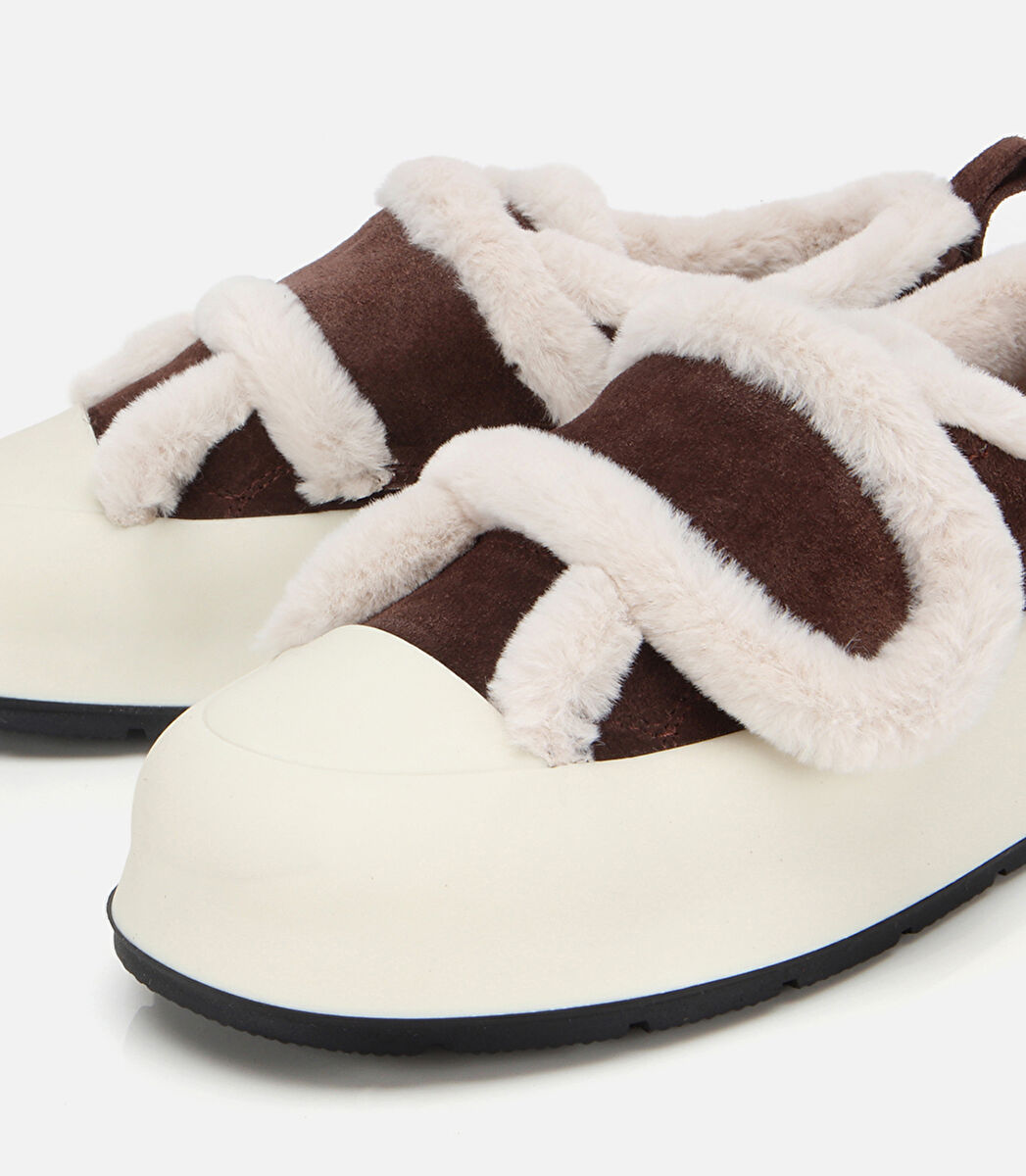 Kadın Süet Deri Kahverengi  Kürklü Kalın Bantlı Spor Ayakkabı