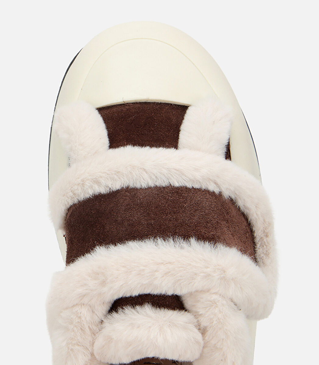 Kadın Süet Deri Kahverengi  Kürklü Kalın Bantlı Spor Ayakkabı