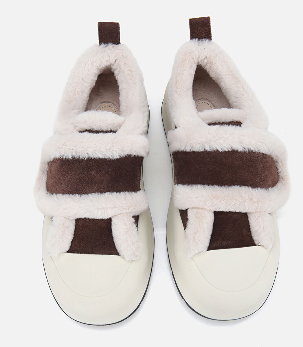 Kadın Süet Deri Kahverengi  Kürklü Kalın Bantlı Spor Ayakkabı