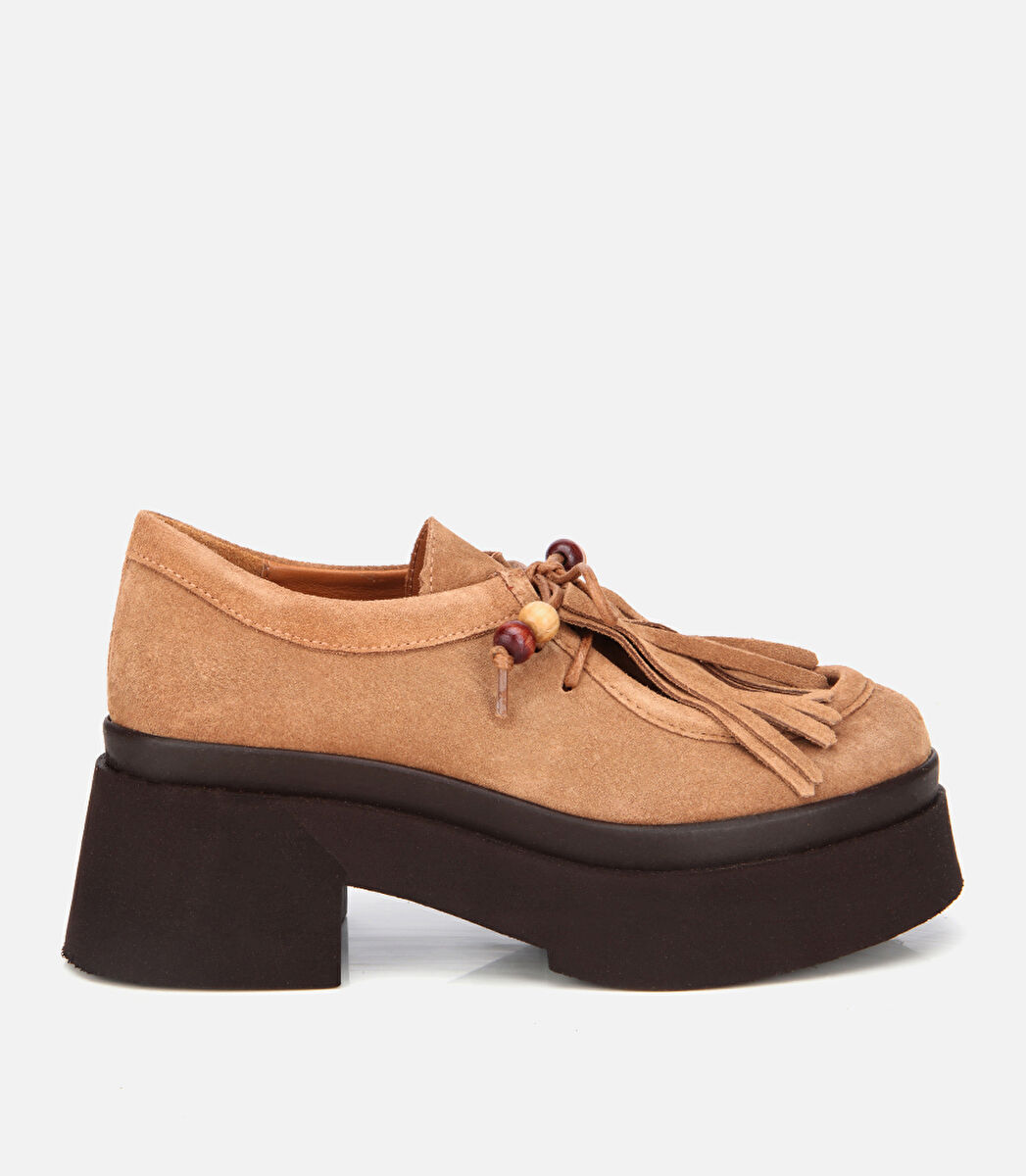 Kadın Süet Deri Taba Püskül Detaylı Kalın Tabanlı Günlük Loafer
