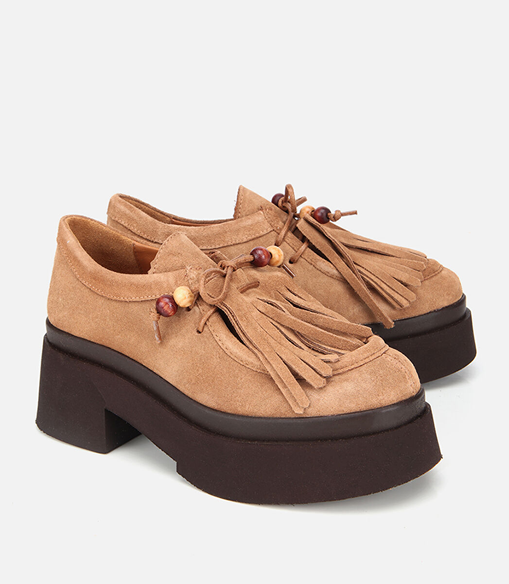 Kadın Süet Deri Taba Püskül Detaylı Kalın Tabanlı Günlük Loafer