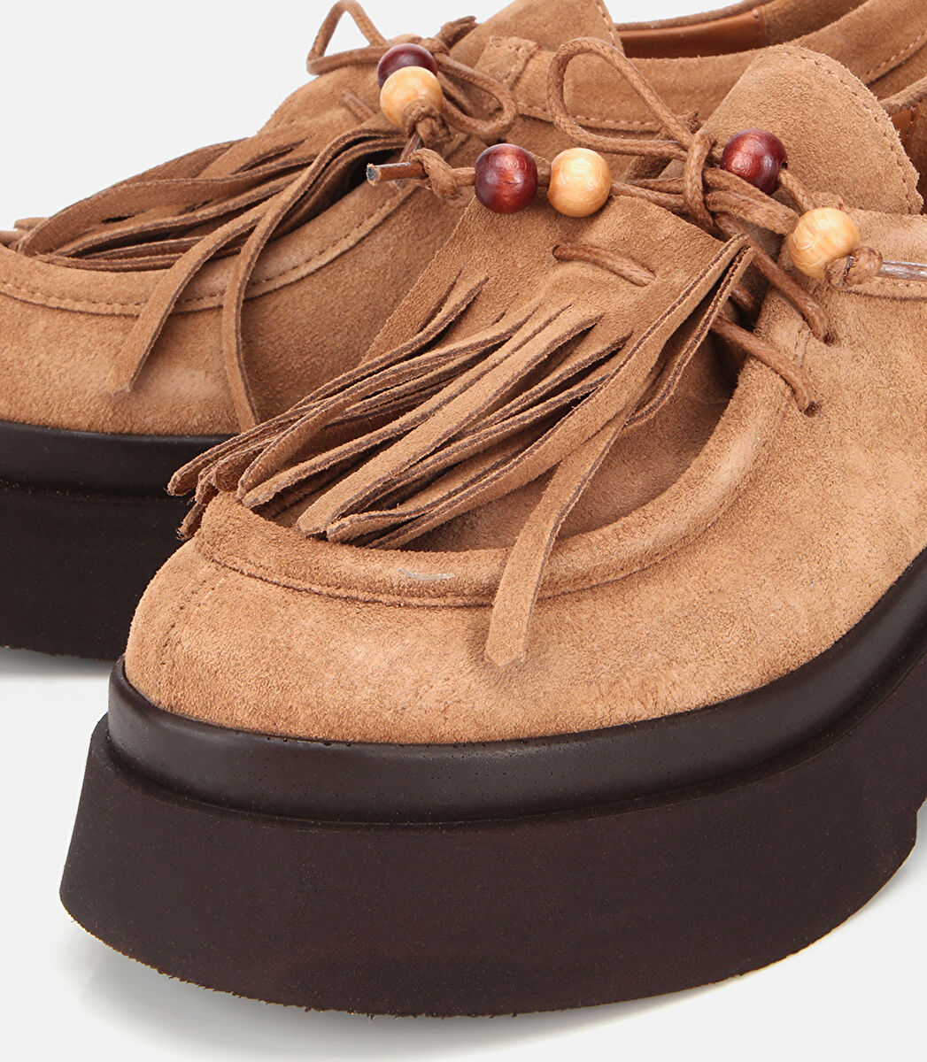 Kadın Süet Deri Taba Püskül Detaylı Kalın Tabanlı Günlük Loafer