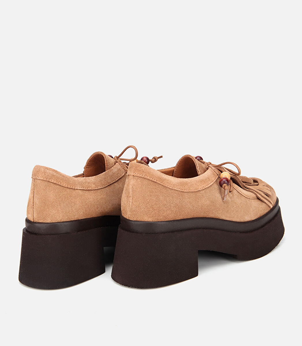 Kadın Süet Deri Taba Püskül Detaylı Kalın Tabanlı Günlük Loafer
