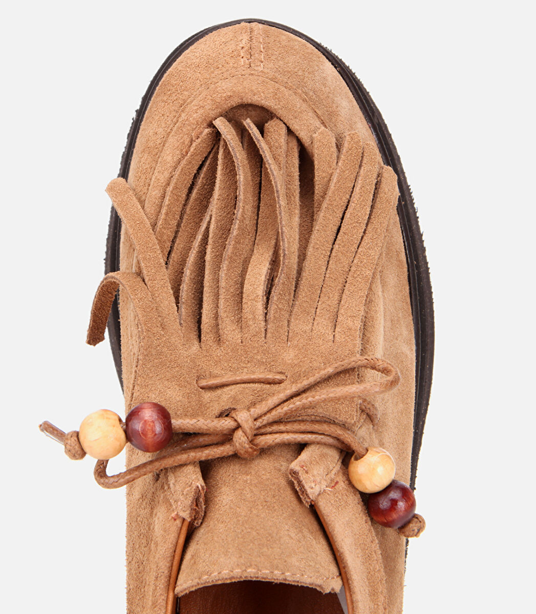 Kadın Süet Deri Taba Püskül Detaylı Kalın Tabanlı Günlük Loafer