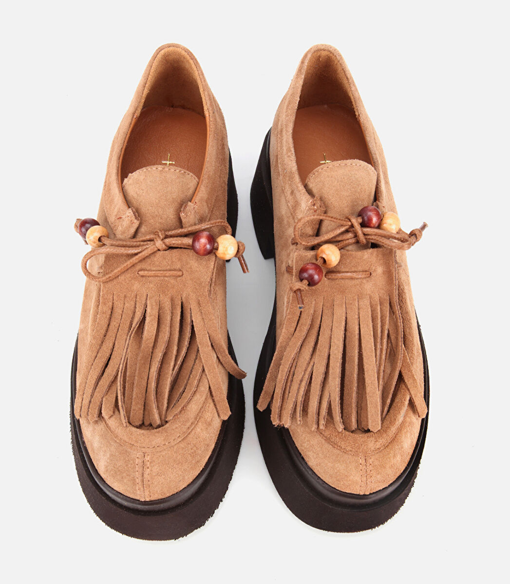 Kadın Süet Deri Taba Püskül Detaylı Kalın Tabanlı Günlük Loafer