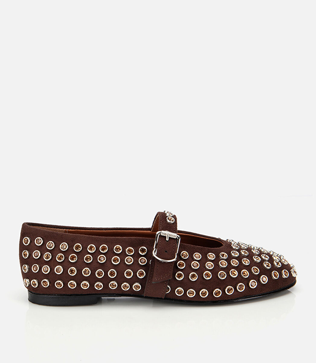 Kadın Süet Kahverengi Taşlı Babet