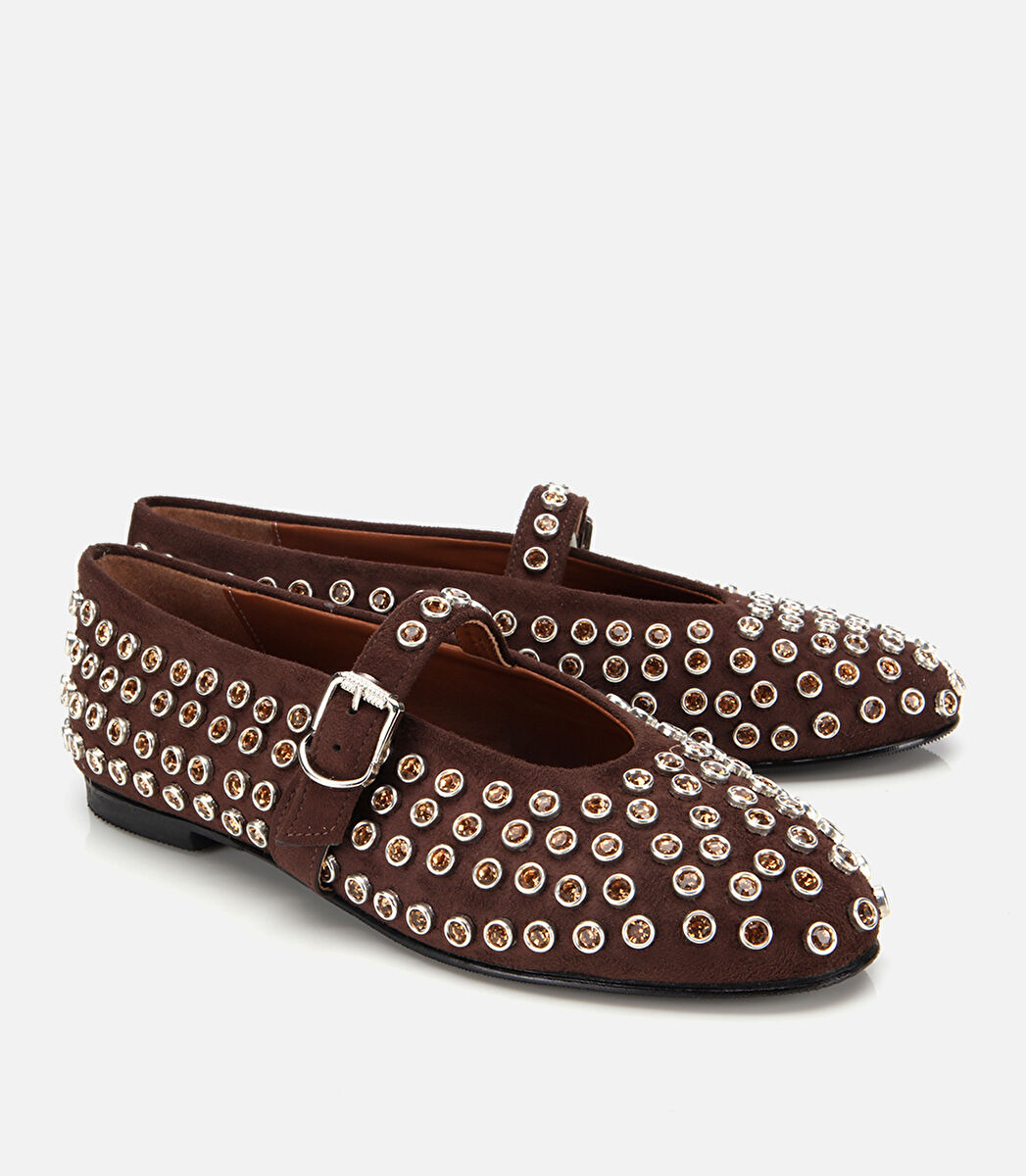 Kadın Süet Kahverengi Taşlı Babet