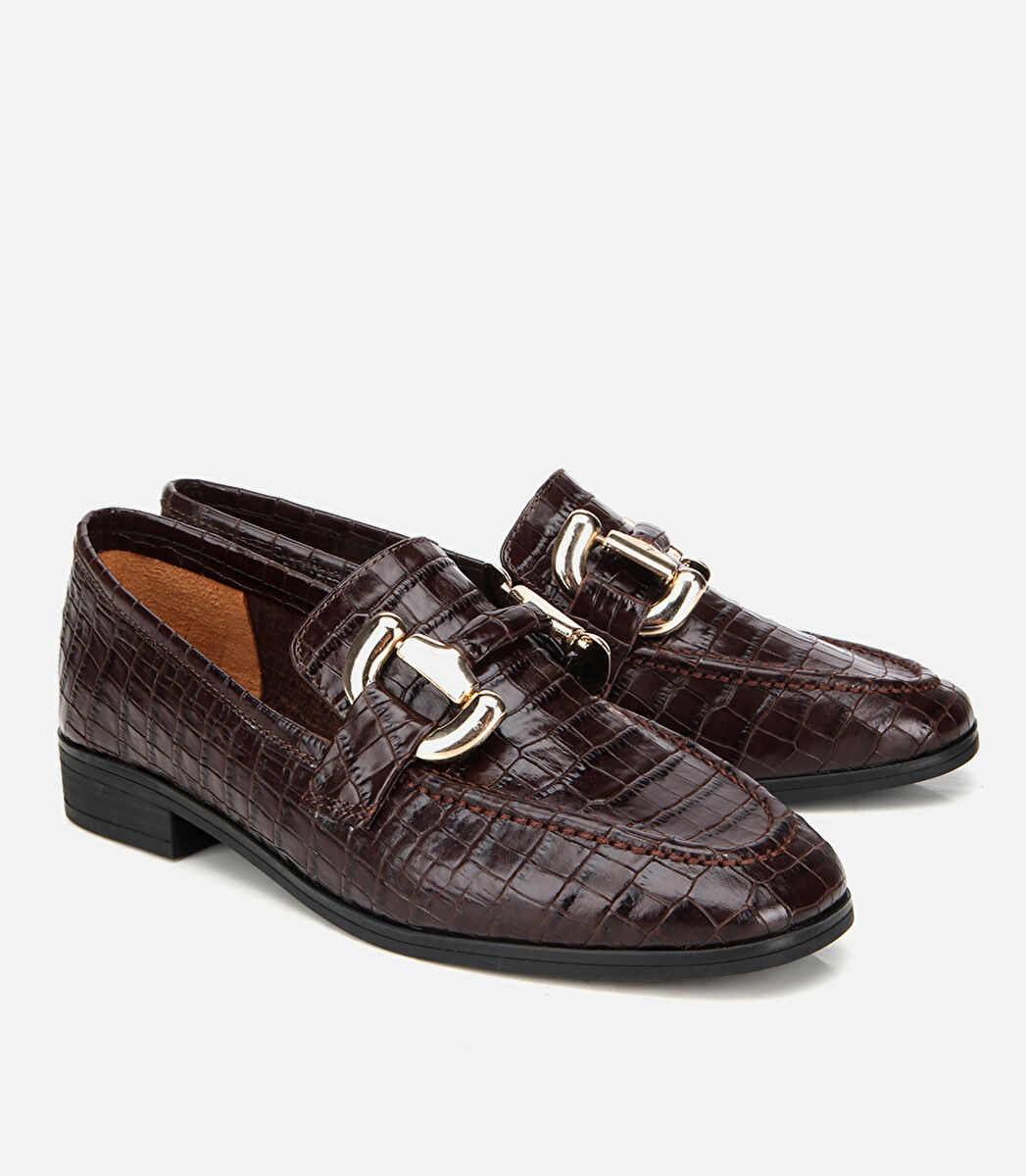 Kadın Deri Kahverengi Kroko Baskılı Klasik Loafer