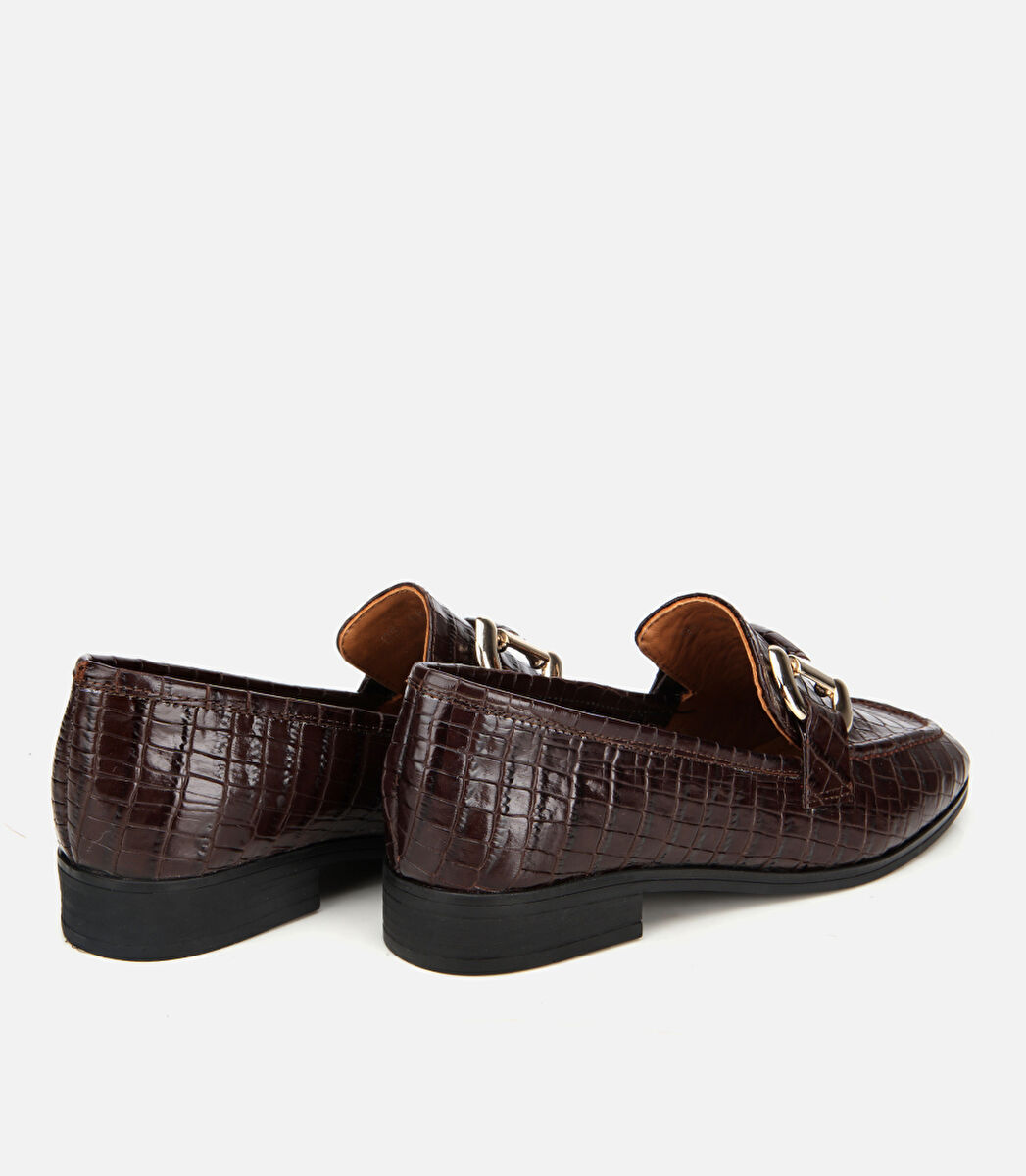 Kadın Deri Kahverengi Kroko Baskılı Klasik Loafer