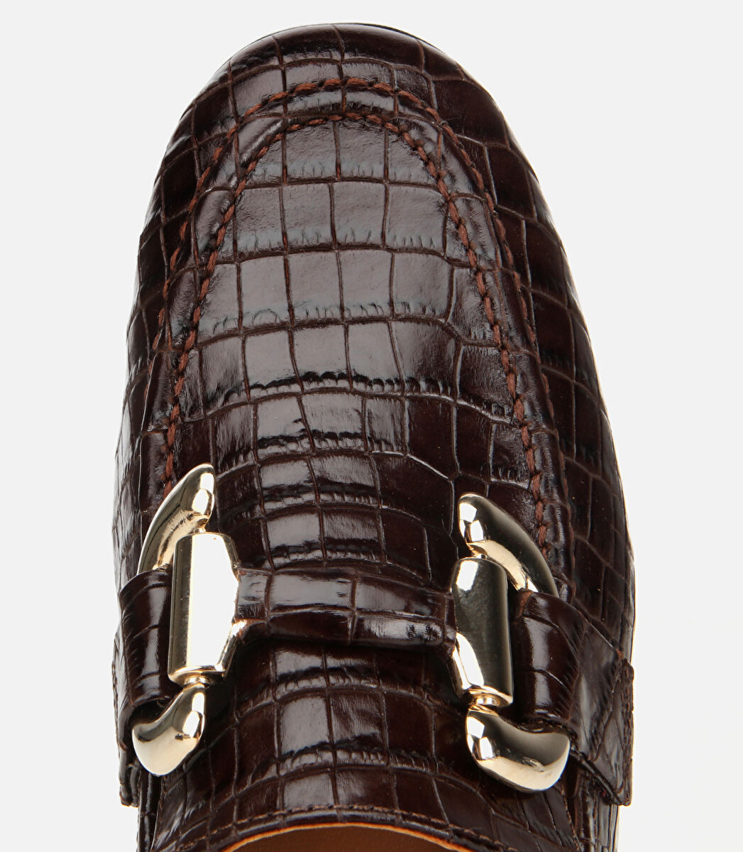 Kadın Deri Kahverengi Kroko Baskılı Klasik Loafer