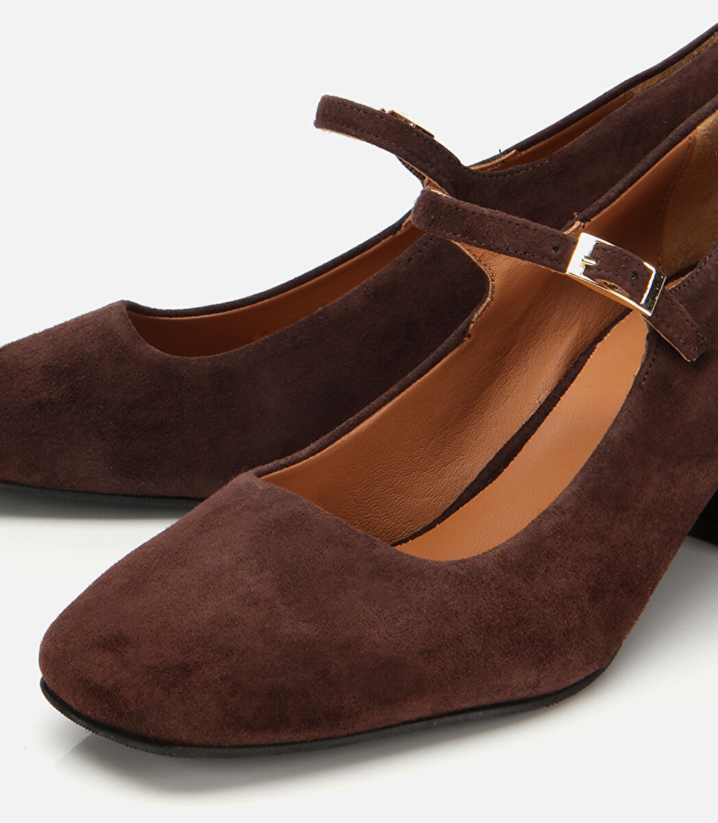 Kadın Süet Deri  Mary Jane Kahverengi  Kalın Topuklu Ayakkabı