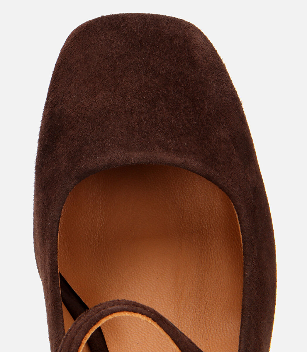 Kadın Süet Deri  Mary Jane Kahverengi  Kalın Topuklu Ayakkabı