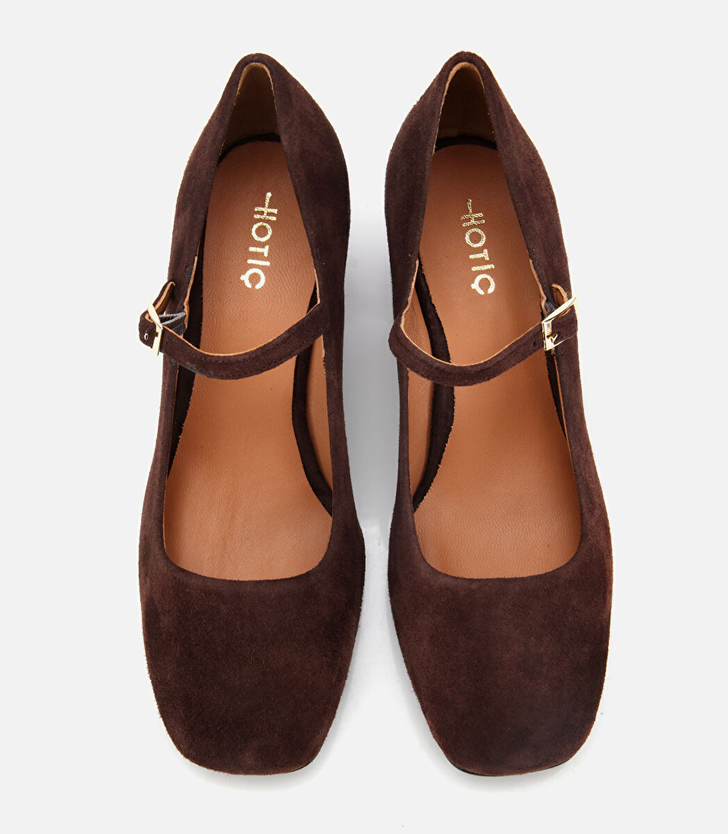 Kadın Süet Deri  Mary Jane Kahverengi  Kalın Topuklu Ayakkabı