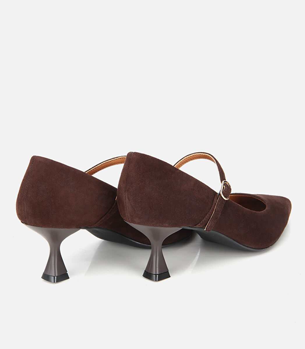 Kadın Süet Deri Mary Jane Kahverengi İnce Bantlı Stiletto