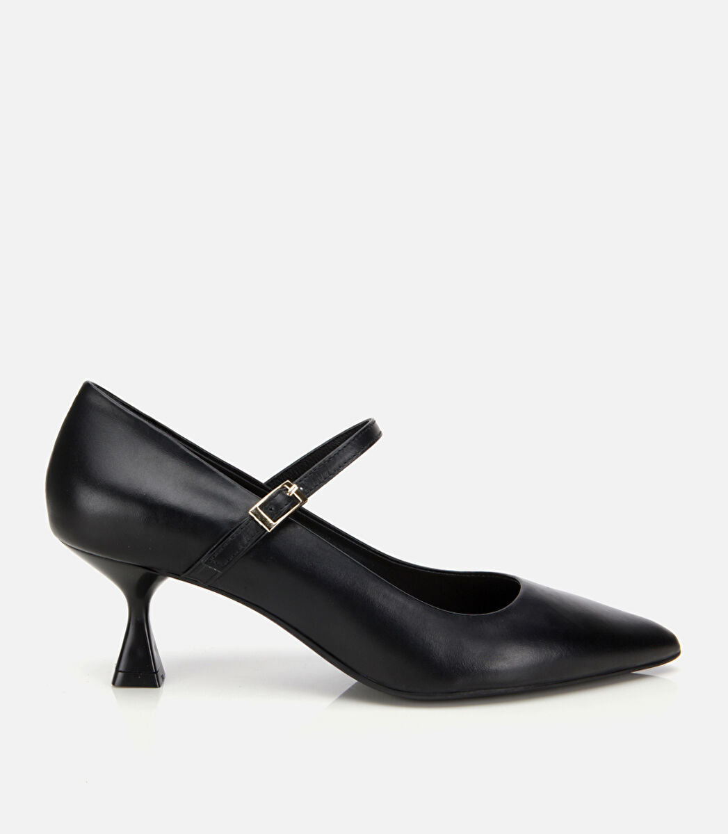 Kadın Deri Mary Jane Siyah  İnce Bantlı Stiletto