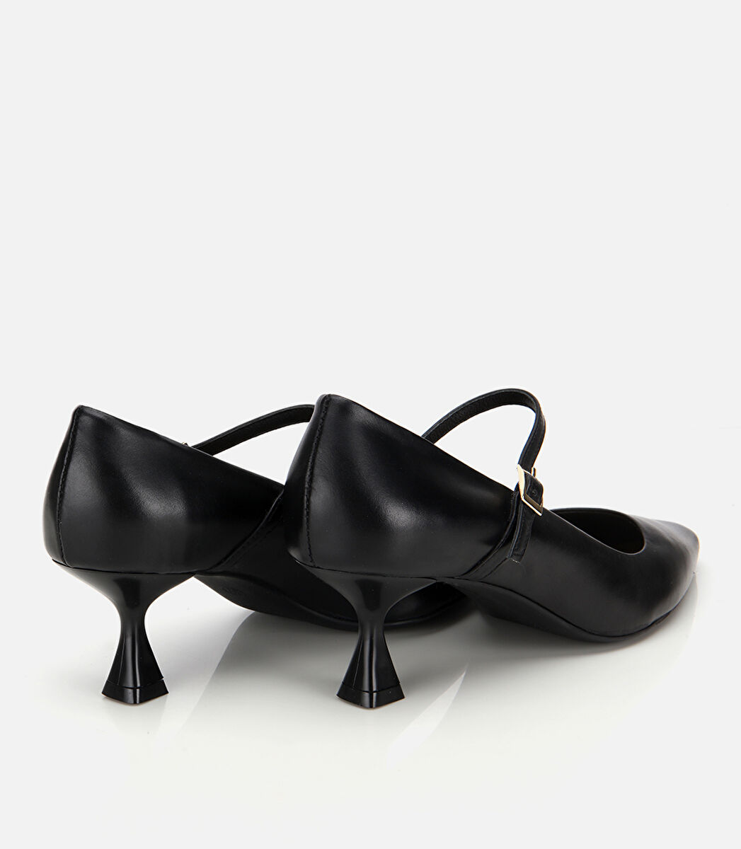 Kadın Deri Mary Jane Siyah  İnce Bantlı Stiletto