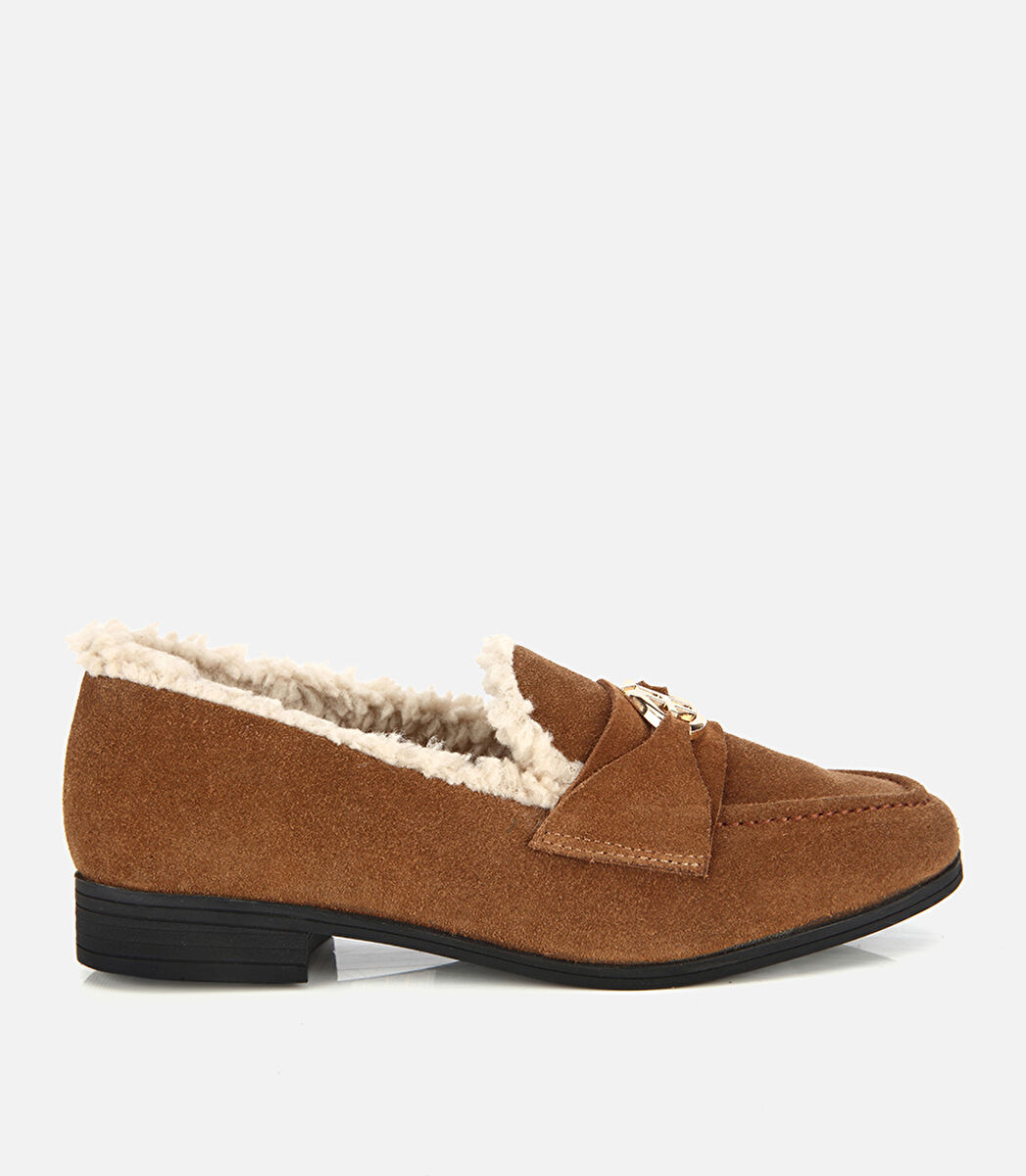 Kadın Süet Deri Taba İçi Kürklü Klasik Loafer
