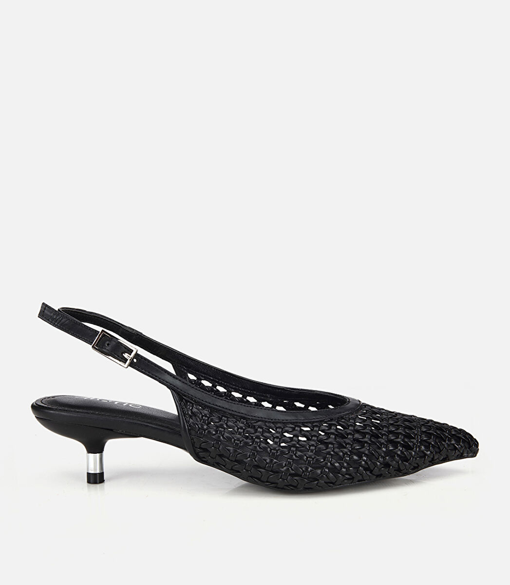 Kadın Siyah Örgü Detaylı Mini Topuklu Stiletto