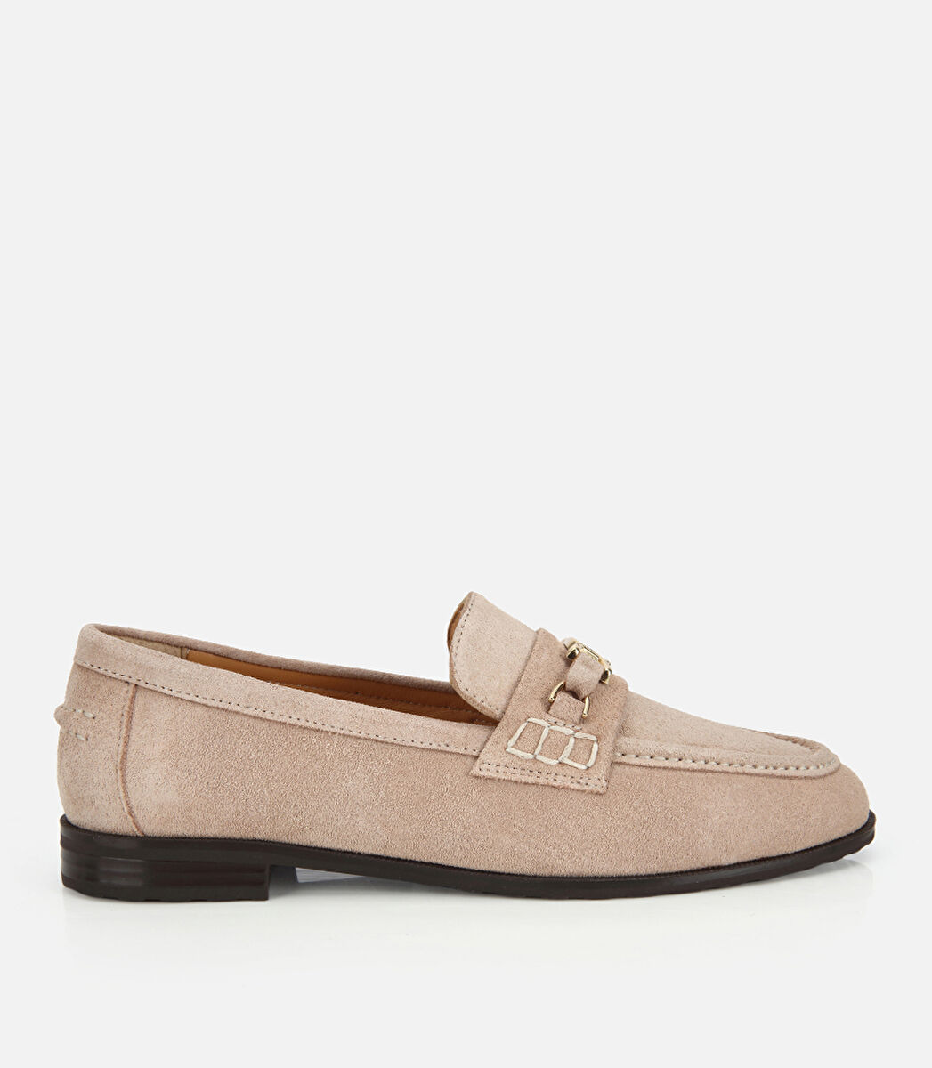 Kadın Süet Deri Bej Toka Detaylı Klasik Loafer