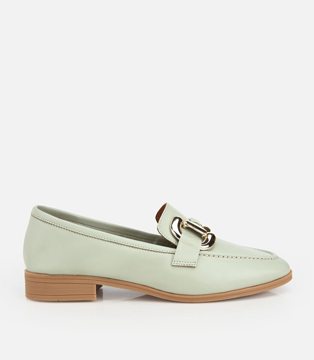 Kadın Deri Açık Yeşil Toka Detaylı Klasik Loafer