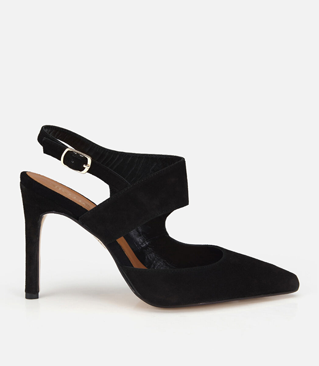 Kadın Süet Deri Siyah Arkası Açık Stiletto