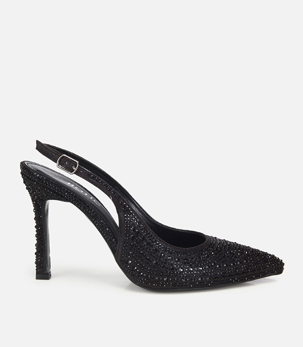 Kadın  Siyah Taşlı Arkası Açık Stiletto