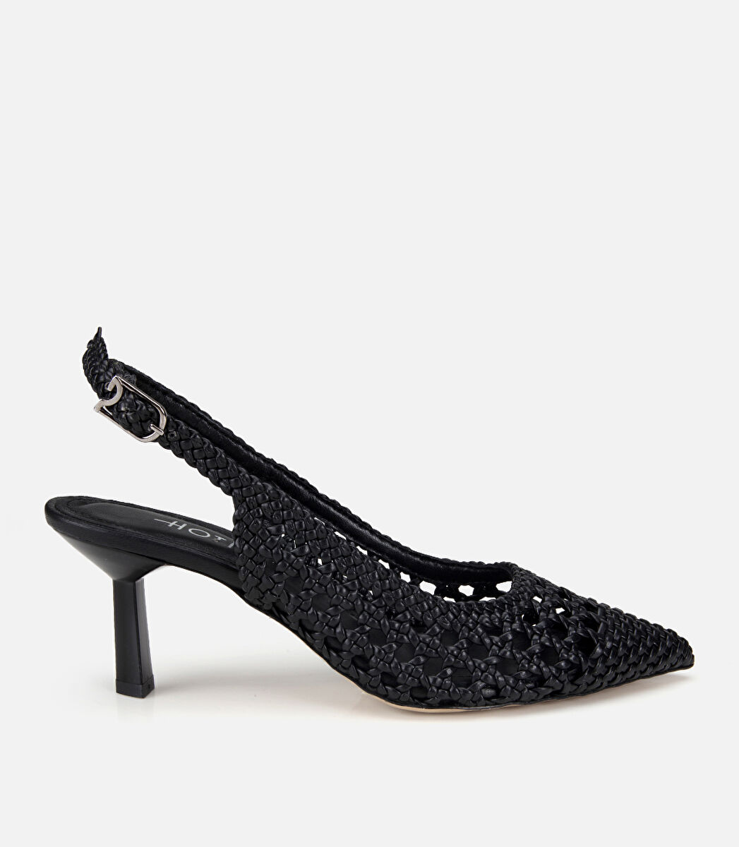Kadın Siyah Örgü Detaylı Arkası Açık Kısa Topuklu Stiletto