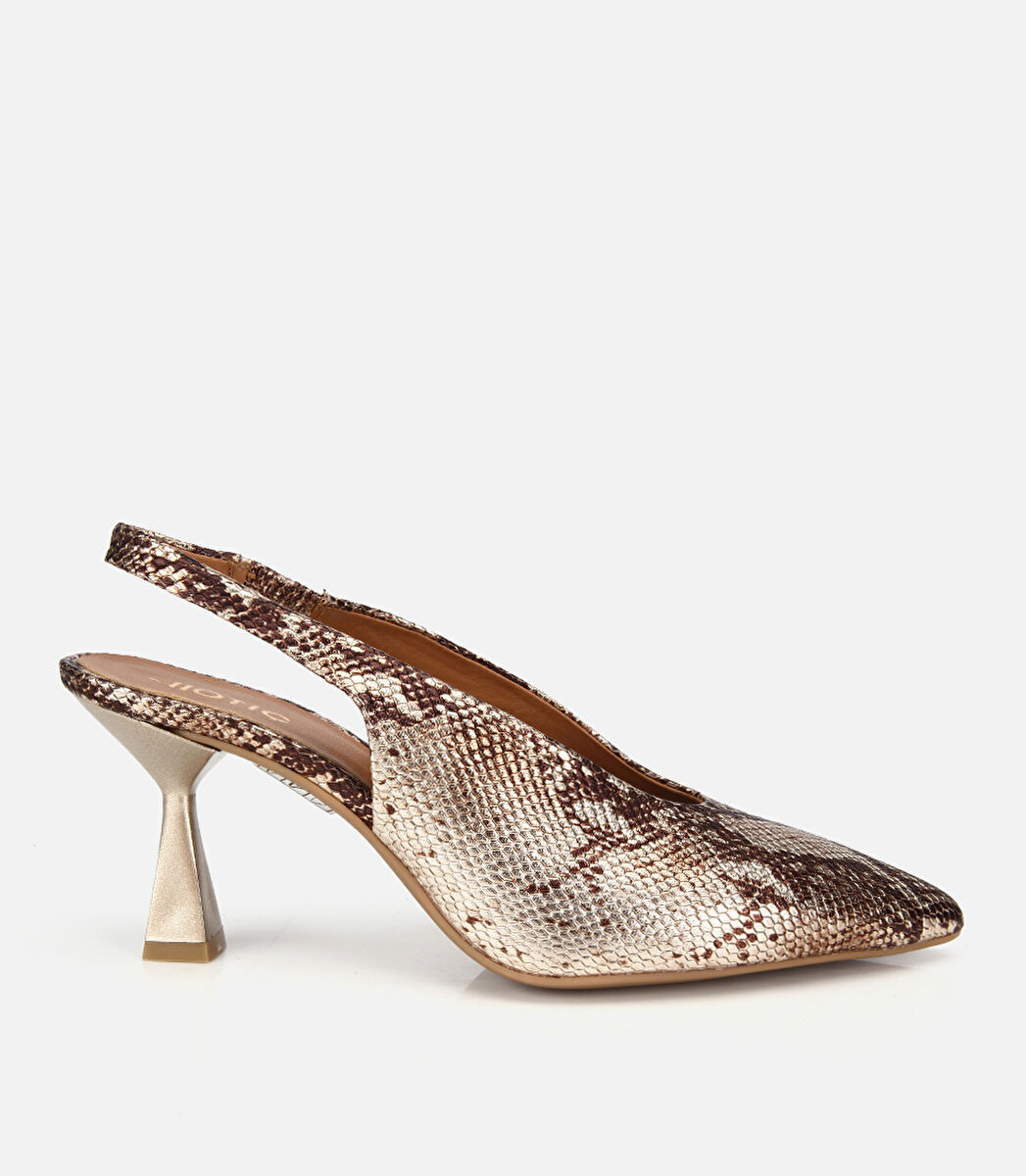 Kadın Deri Gold Arkası Açık Kısa Topuklu Stiletto