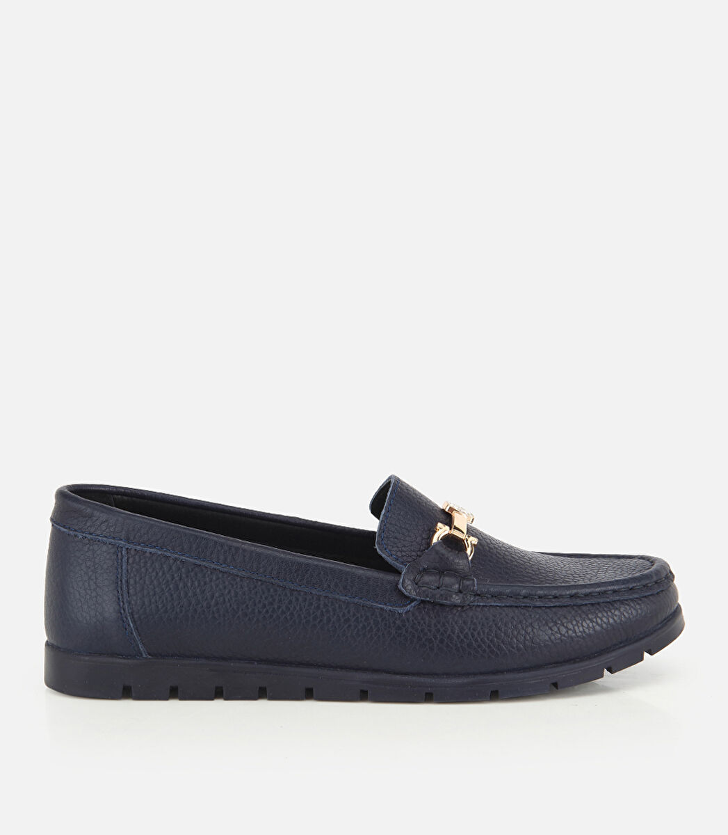 Kadın Deri Lacivert Gold Toka Detaylı Comfort Günlük Loafer