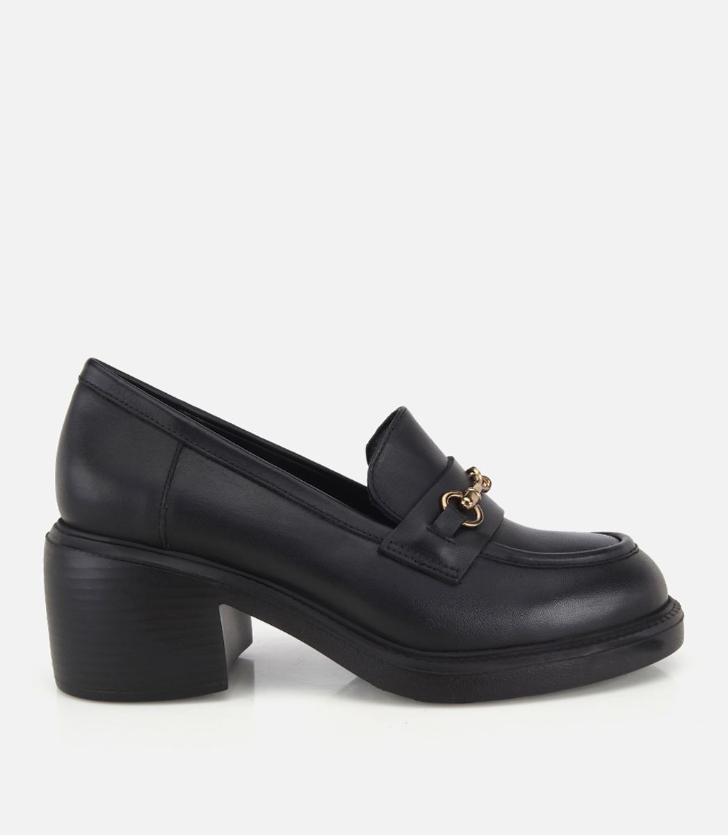 Kadın Deri Siyah Tokalı Klasik Topuklu Loafer