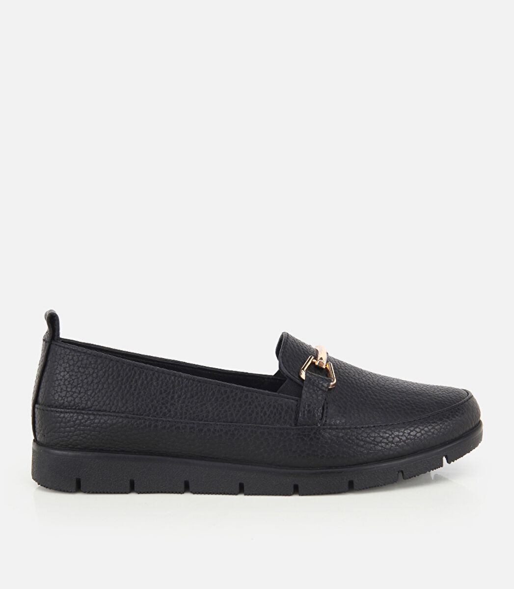 Kadın Deri Siyah Zincir Detaylı Comfort Günlük Loafer