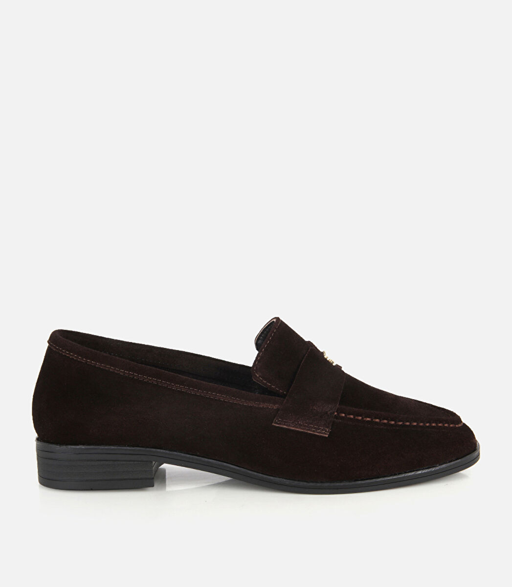 Kadın Süet Deri Kahverengi Toka Detaylı Klasik Loafer